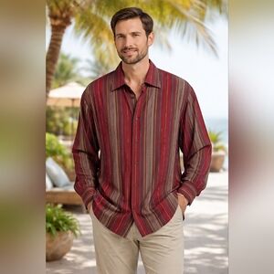 Tommy Bahama Men's Long Sleeve Silk Blend Shirt Burgundy Stripe Size XL/TG